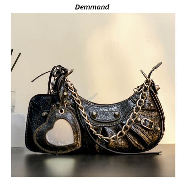Women's Genuine Leather Bag 2022 New Arrival Luxury Shoulder Crescent Bag French Style Underarm Bag With Studs And Tassels