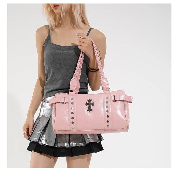 Women's Retro Y2K Motorbike Punk Multi-Pocket Faux Oil Wax Cracked Leather Handbag & Crossbody Bag