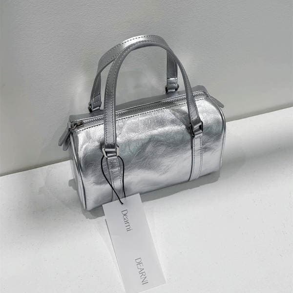 In Stock Dearni Korea Oiled Wax Cowhide Pillow Bag Silver Small Boston Bag Handbag Shoulder Bag Crossbody Bag For Women