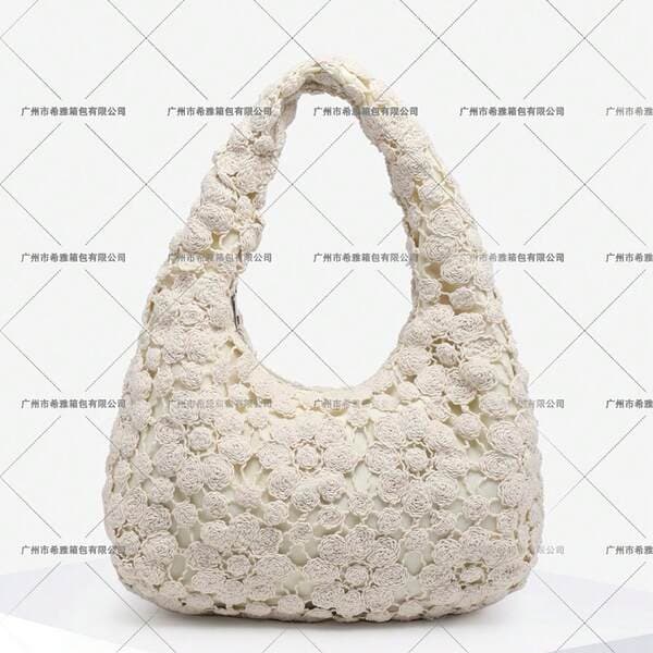 Women's Retro Simple Casual Vacation Knit Hollow-Out 3D Flower Faux Leather Shoulder Bag Underarm Bag