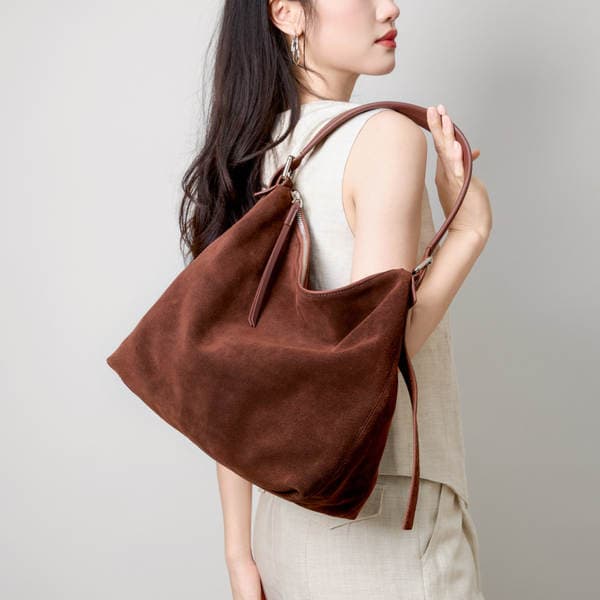 Suede Large Capacity Crossbody Bag For Women, Luxury Commuter Shoulder Bag, Casual Underarm Top Grain Cowhide Tote Bag