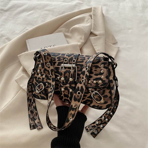 2025 New Trendy Studded Leopard Print Designer Motorcycle Shoulder Bag Crossbody Underarm Baguette Bag For Women