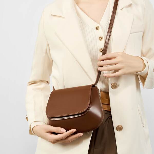 Chestnut Leather Women's Handbag New High-End Texture Niche Trendy Retro Shoulder Crossbody Saddle Bag