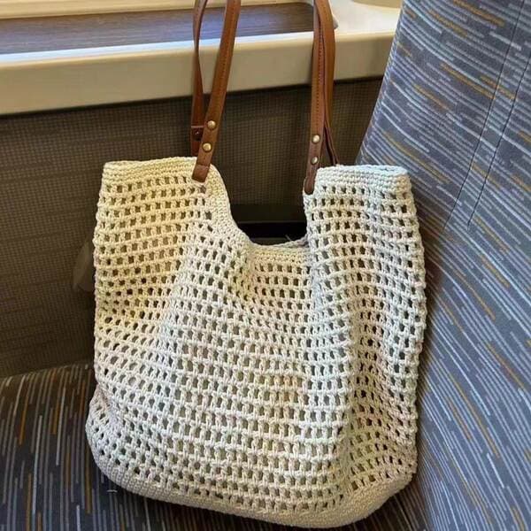 Casual Large Capacity Single Shoulder Cotton Woven Bag New Hollow-Out Mesh Tote Beach Vacation Bag For Women