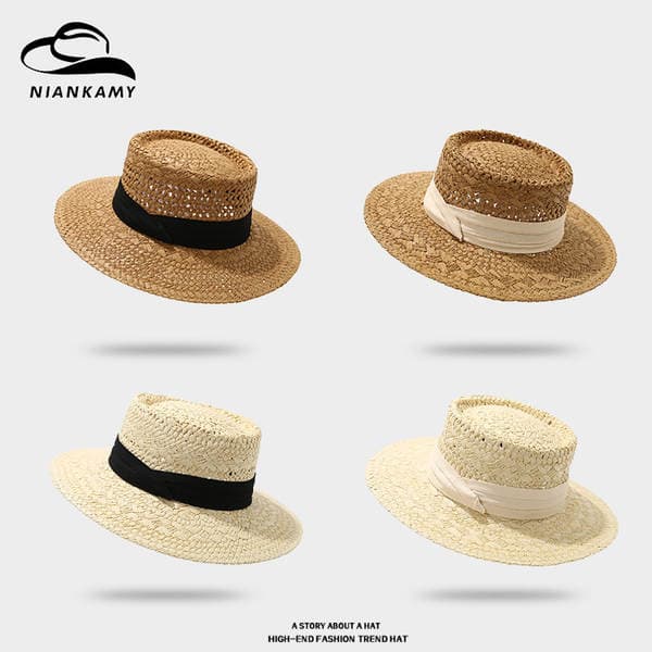 Old Money Style Beach Straw Hat For Women, Spring/Summer French Flat Top Boater Hat, British Hollow Out Sun Protection Hat For Travel