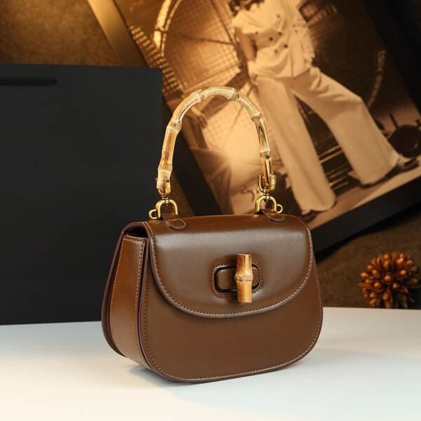 Bamboo Joint Handle Handbag Retro Saddle Bag Genuine Leather Women's Bag 2025 New Arrival Luxury Small Shoulder Crossbody Bag