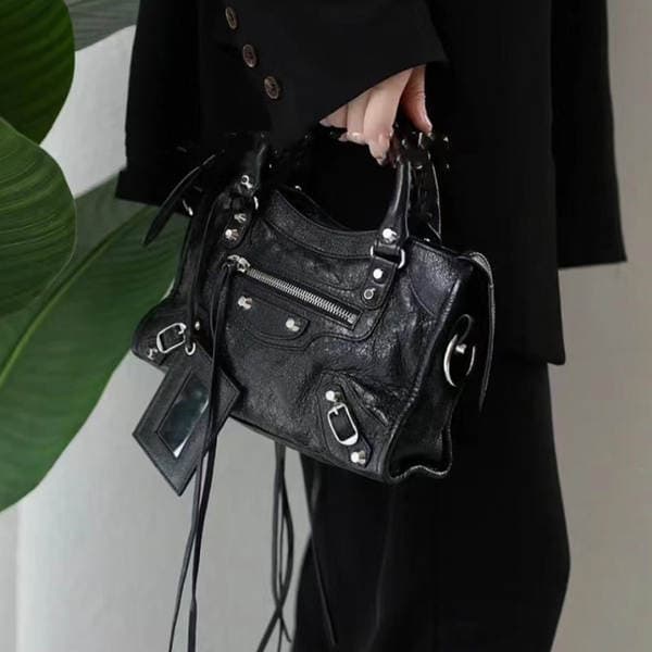 2026 New B-Brand Le City Women's Motorcycle Bag, Cool Girl Retro Studded Oil Wax Leather Handbag & Crossbody Bag