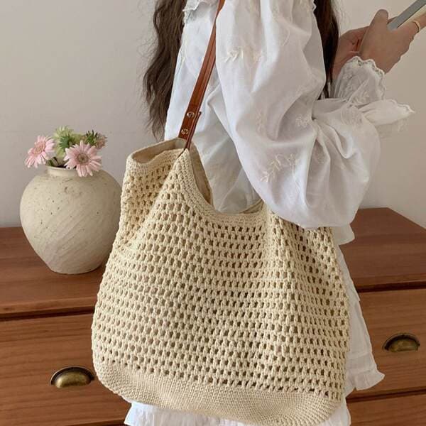 Large Capacity Women's Shoulder Bag, Beach Vacation Straw Woven Tote Bag For Commuting