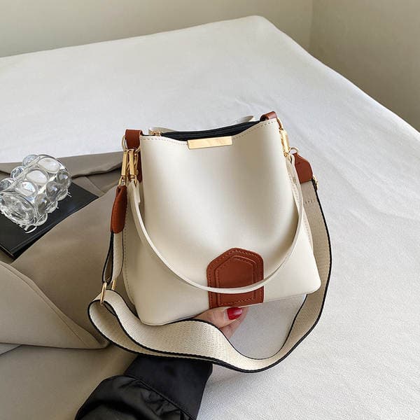 Cross-Border Textured Bucket Bag For Women 2023 New Fashion Commuter Handbag Shoulder Bag Contrast Wide Strap Crossbody Bag