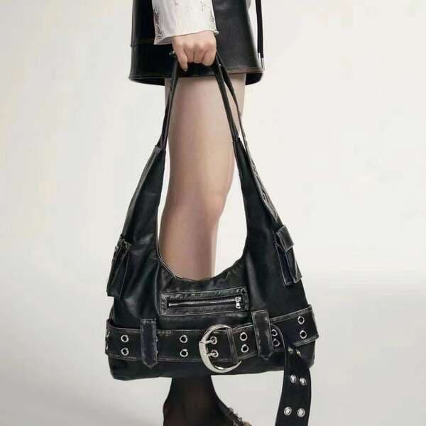 2025 New Sweet Cool Spicy Girl Black Commuter Tote Bag Retro Punk Motorcycle Shoulder Crossbody Bag For Women