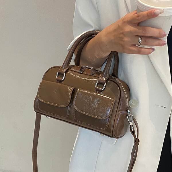 Genuine Leather Retro Handbag For Women, Cracked Cowhide Fashion Simple Bowling Boston Bag, Commuter Shoulder Bag