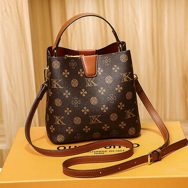 Women's Genuine Leather Handbag 2025 New Trendy Fashion Shoulder Crossbody Color-Block Monogram Bucket Bag