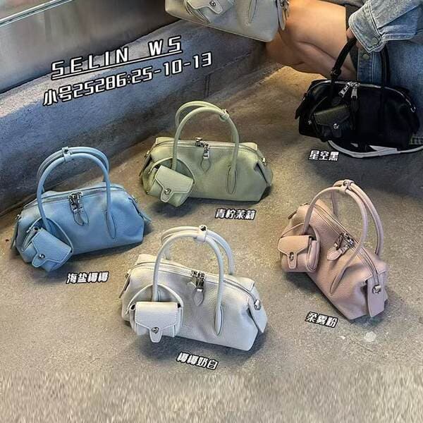 Genuine Leather Lychee Grain Boston Pillow Bag For Women New Trendy Shoulder Crossbody Bag Simple Handheld Bowling Bag