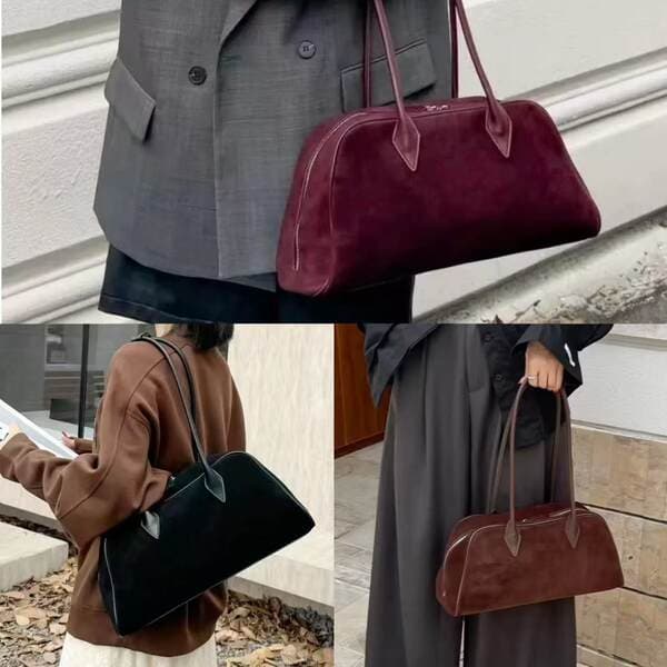 Korea HF Tote Bag Niche French Vintage Matte Cowhide Women's Commuter Bag Large Capacity Shoulder Bowling Bag