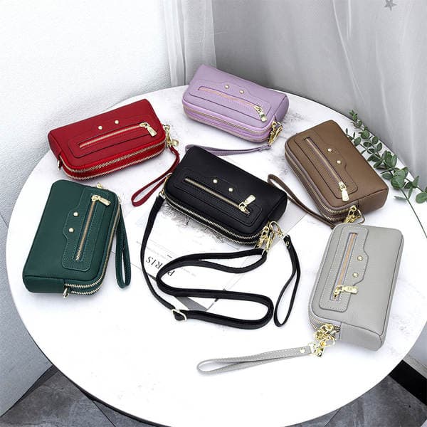 2026 New Motorcycle Style Women's Small Square Bag Top Grain Cowhide Double Zipper Crossbody Bag Multifunctional Clutch