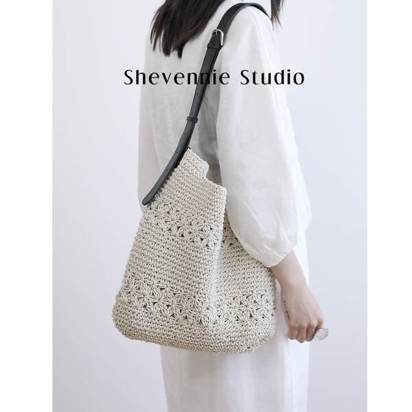 Xueyunni 2026 Top Grain Cowhide Hand-Woven Hollow-Out Tote Bag For Women, Large Capacity Vacation Style Beach Bag