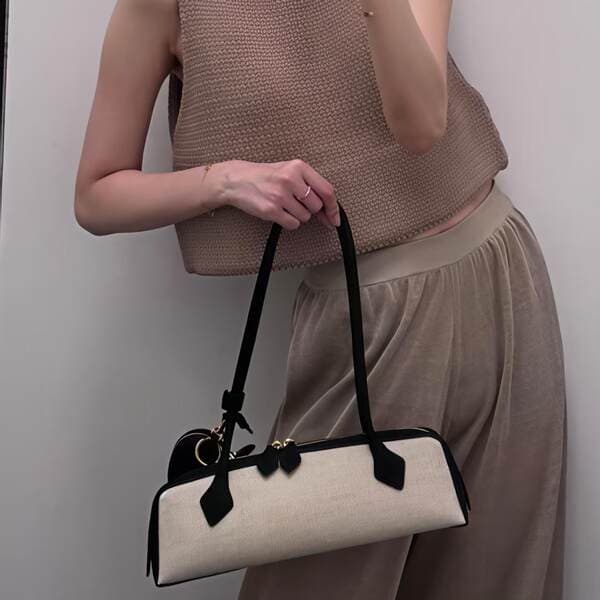 Fabric And Leather French Niche Baguette Bag Retro Underarm Bag Women's Handbag Versatile Shoulder Bag For Commuting