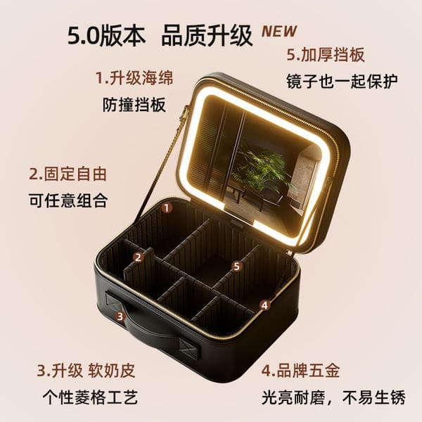 Luxury Waterproof LED Mirror Makeup Bag for Women, Portable Large Capacity Travel Cosmetic Case with Compartments