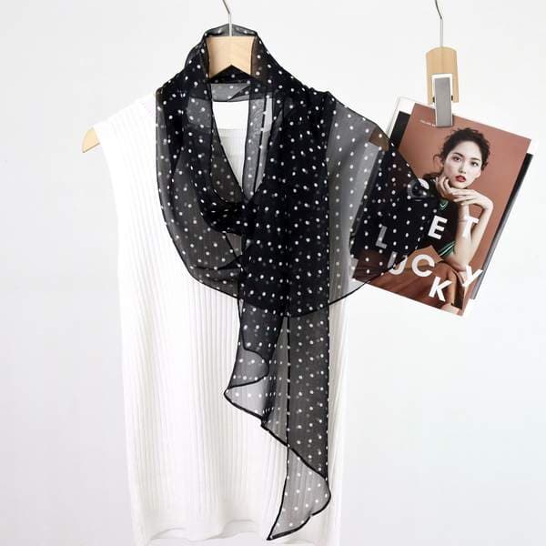 French Hepburn Style Mulberry Silk Summer Vacation Georgette Retro Polka Dot Diagonal Scarf For Women, Fashionable And Versatile Long Scarf