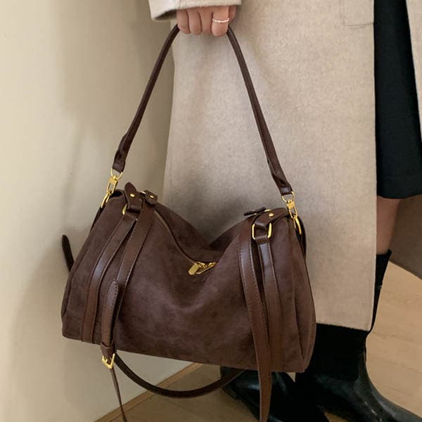 Cross-Border Retro Suede Boston Bag For Women, New Large Capacity Commuter Underarm Shoulder Bag, Trendy Crossbody Bag