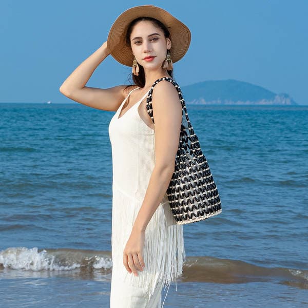 OLEI Cross-border Wooden Bead Bag Hand-Woven Beaded Shoulder Bag Beach Vacation Bucket Handbag