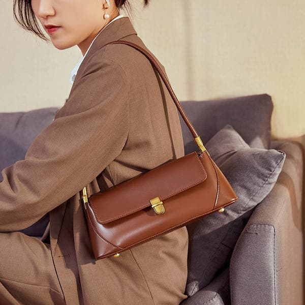 2026 New Model Women's Genuine Leather Baguette Bag, Trendy French Style Shoulder Bag, Summer Genuine Leather Baguette Bag For Women