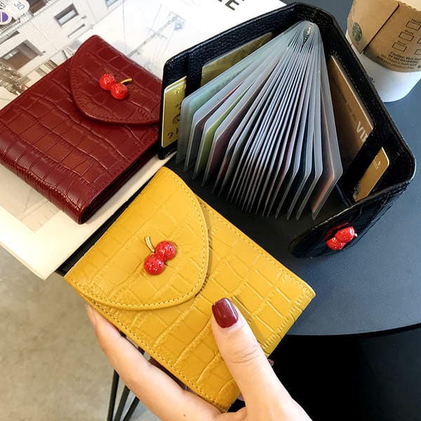 Genuine Leather Card Holder & ID Wallet for Women - New Cherry Design, Compact Vertical Cute Coin Purse & Short Wallet