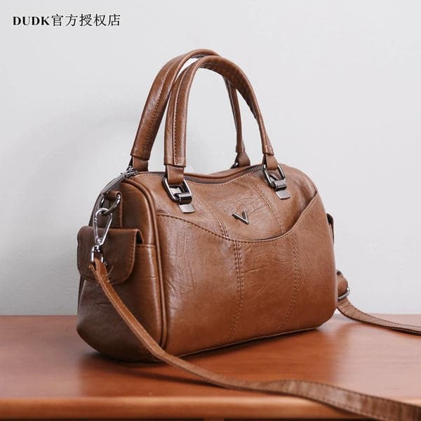 DUDK France Luxury Soft Leather Handbag Women's Boston Pillow Bag Vintage Casual Large Capacity Shoulder Crossbody Bag