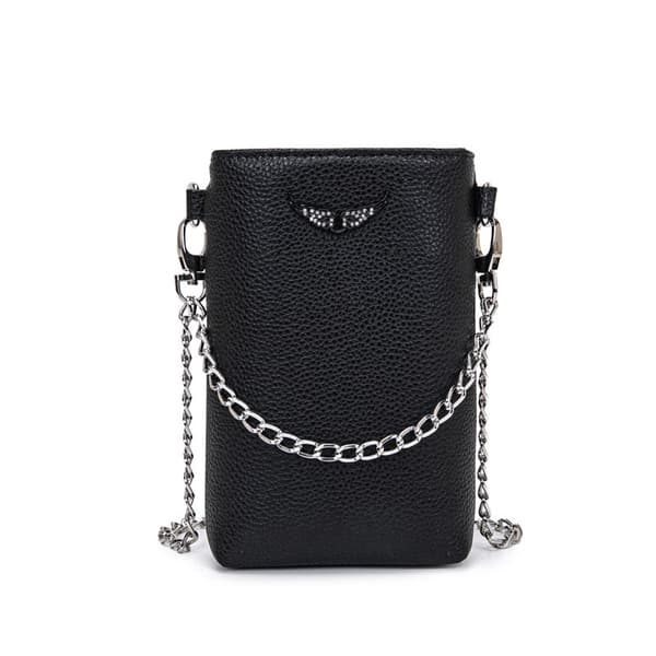 ZV French Style Phone Bag - Classic Wing Rhinestone, Textured Lychee Grain, Bucket Shape Chain Shoulder Crossbody Small Bag
