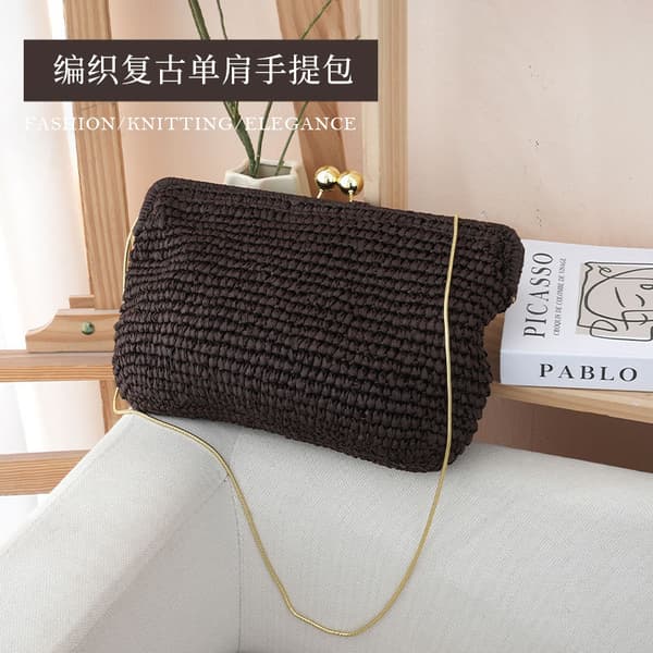French Style Woven Vacation Beach Bag For Women, Handmade Texture Chain Crossbody Straw Bag, Export Quality