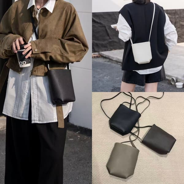 French Niche Row Top Grain Cowhide Phone Bag, Versatile Lightweight Park Shoulder Crossbody Mini Bucket Bag