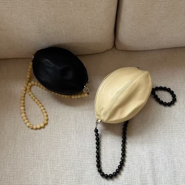 Original Sheepskin Rugby Bag Black Obsidian Beaded Balloon Bag Small Round French Niche Shoulder Handbag For Women