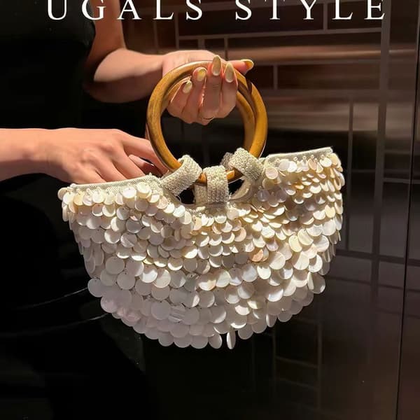 UGALS French Vintage Hand-Woven Beaded Sequin Shell Cabbage Basket Round Handle Bucket Bag Handbag Crossbody Bag