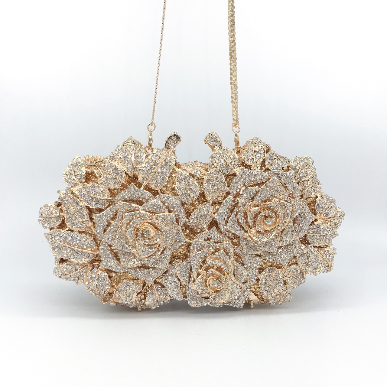 Luxury Hollow Rose Diamond Evening Bag, Metal Hard Shell Clutch for Formal Dresses - Thumbnail 2