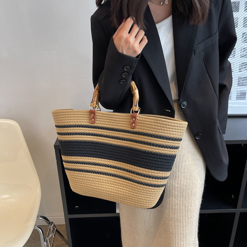 Spring Woven Canvas Tote Bag - Large Capacity Versatile Shoulder Bag & Straw Handbag for Women - Thumbnail 6