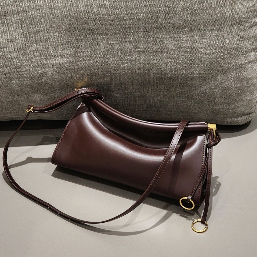 French Cowhide Leather Shoulder Bag Elegant Curved Hobo Bag for Women - Thumbnail 4