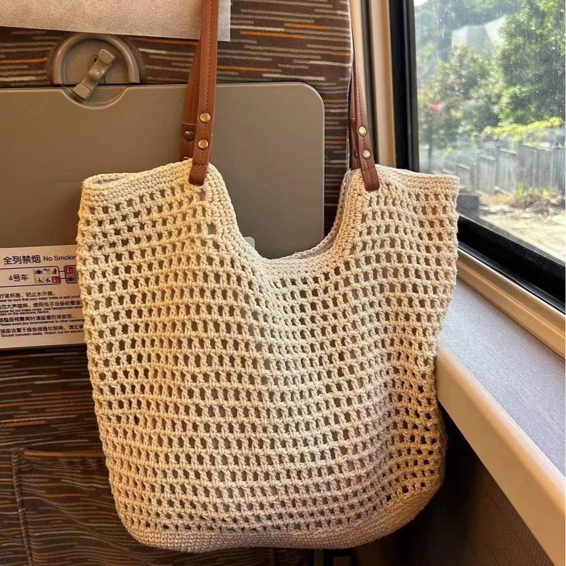Large Capacity Cotton Thread Woven Shoulder Bag Hollow Mesh Tote for Beach Vacation - Thumbnail 2