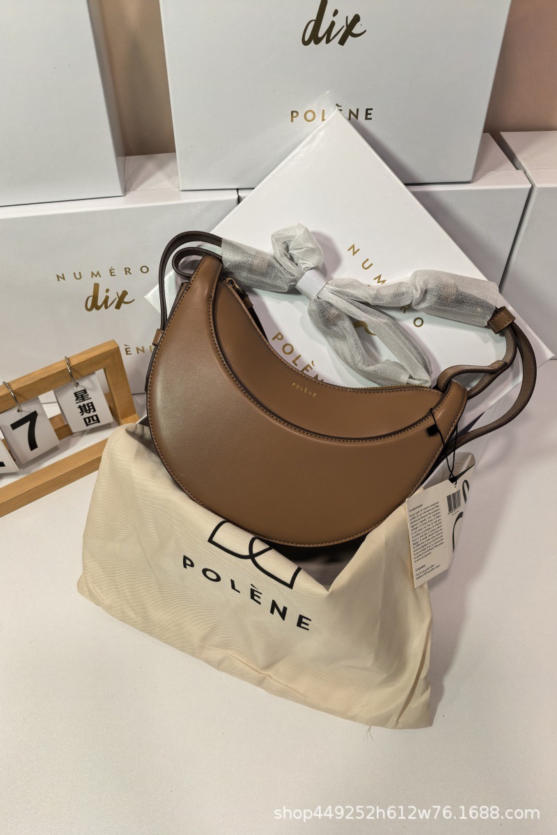 French Polene Style Niche Shoulder Crossbody Bag Women's Paris Genuine Leather Crescent Moon Bag Lychee Grain Saddle Bag - Thumbnail 7