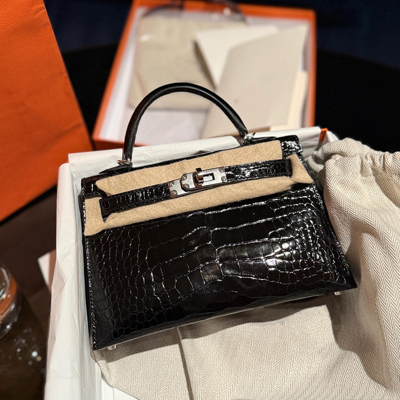 Crocodile Pattern Mini Kelly Bag - Genuine Leather Fashion Crossbody & Shoulder Bag - Thumbnail 2