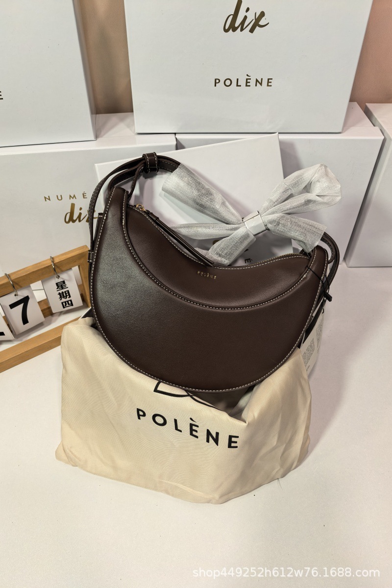 French Polene Style Niche Shoulder Crossbody Bag Women's Paris Genuine Leather Crescent Moon Bag Lychee Grain Saddle Bag - Thumbnail 5