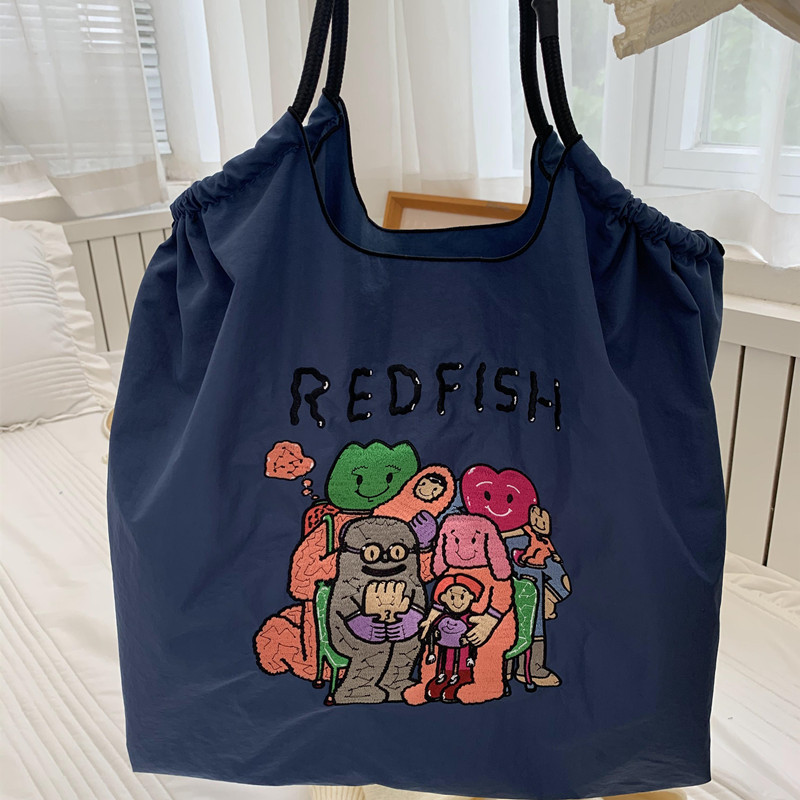 Embroidered Nylon Tote Bag - Large Capacity Canvas Crossbody Bag for Commuting - Thumbnail 33