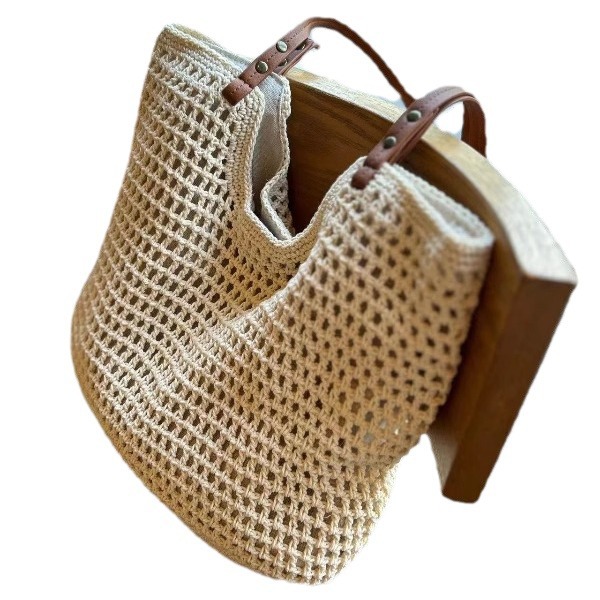 Large Capacity Cotton Thread Woven Shoulder Bag Hollow Mesh Tote for Beach Vacation - Thumbnail 5