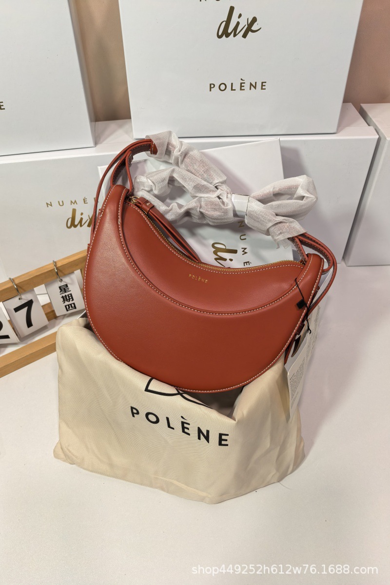 French Polene Style Niche Shoulder Crossbody Bag Women's Paris Genuine Leather Crescent Moon Bag Lychee Grain Saddle Bag - Thumbnail 8