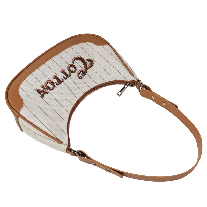 Custom Embroidered Underarm Bag - Niche Crescent Moon Shoulder Bag, American Vintage Striped Canvas Bag - Thumbnail 4