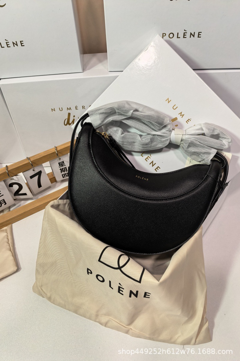 French Polene Style Niche Shoulder Crossbody Bag Women's Paris Genuine Leather Crescent Moon Bag Lychee Grain Saddle Bag - Thumbnail 11