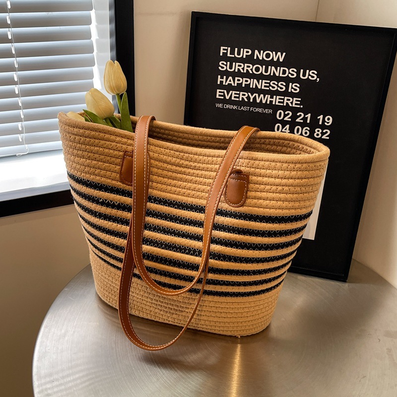 Spring Woven Canvas Tote Bag - Large Capacity Versatile Shoulder Bag & Straw Handbag for Women - Thumbnail 9