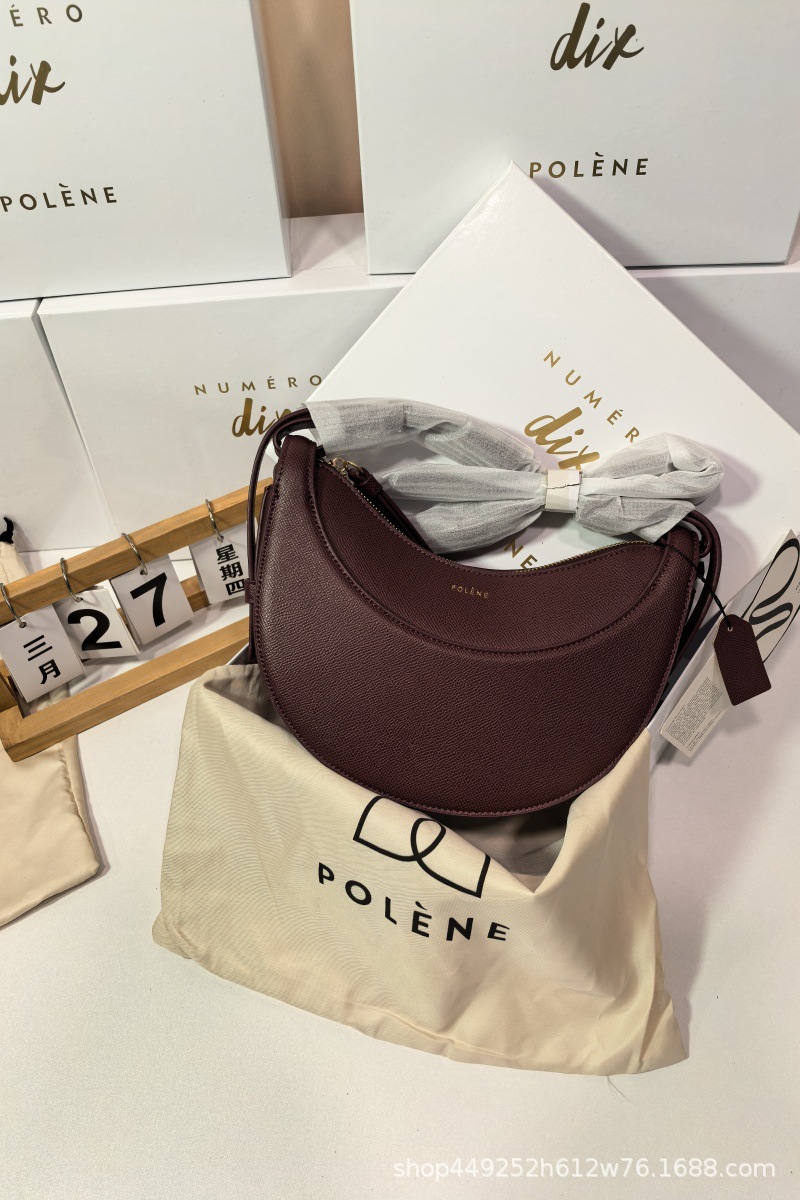 French Polene Style Niche Shoulder Crossbody Bag Women's Paris Genuine Leather Crescent Moon Bag Lychee Grain Saddle Bag - Thumbnail 12