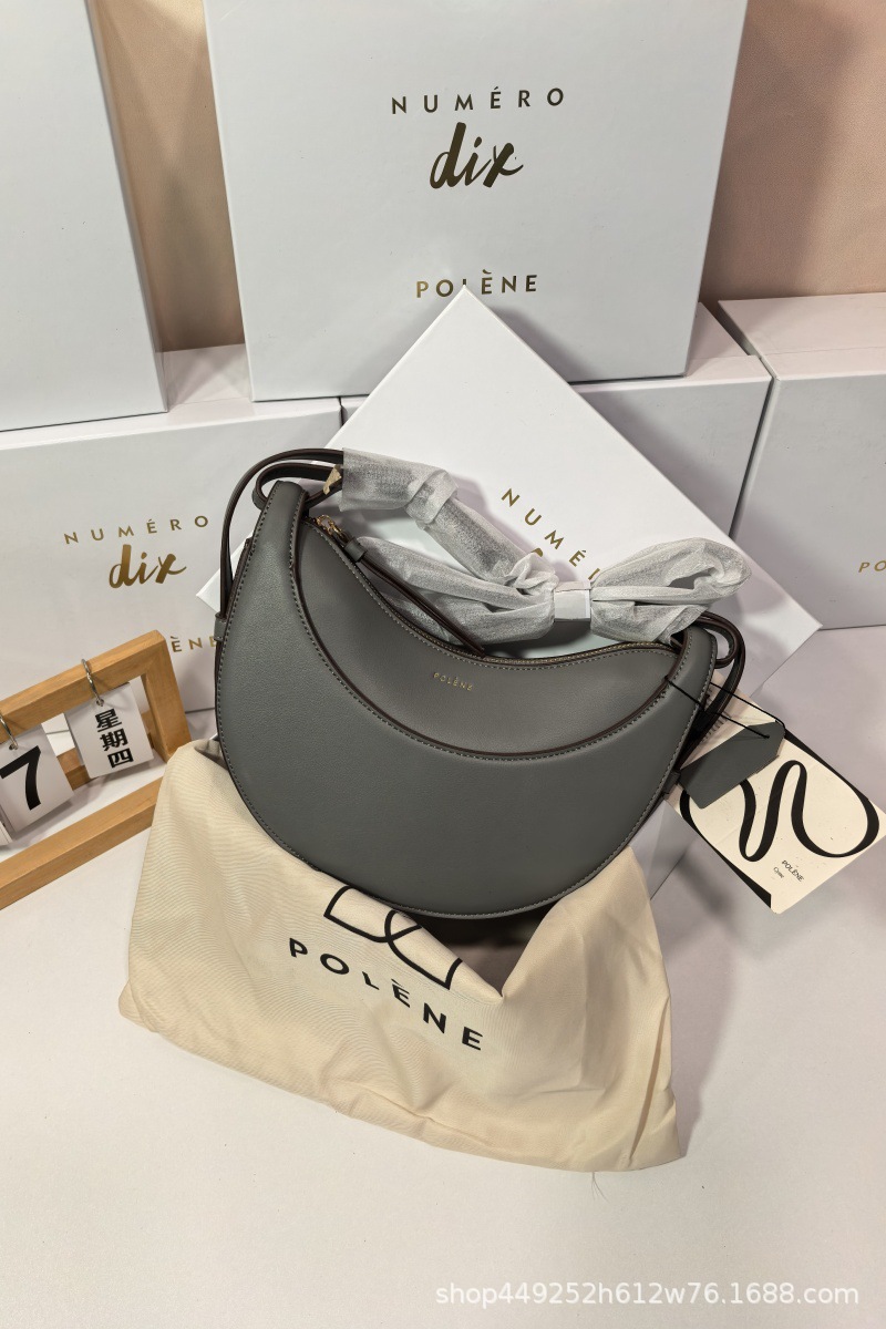 French Polene Style Niche Shoulder Crossbody Bag Women's Paris Genuine Leather Crescent Moon Bag Lychee Grain Saddle Bag - Thumbnail 6