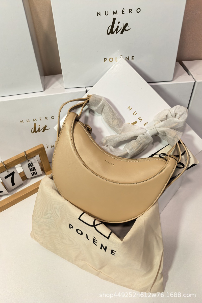 French Polene Style Niche Shoulder Crossbody Bag Women's Paris Genuine Leather Crescent Moon Bag Lychee Grain Saddle Bag - Thumbnail 9