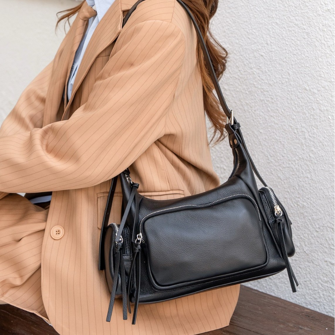 Top Grain Leather Multi-Pocket Biker Bag, Trendy Soft Shoulder Bag, Large Capacity Crossbody Tote - Thumbnail 2